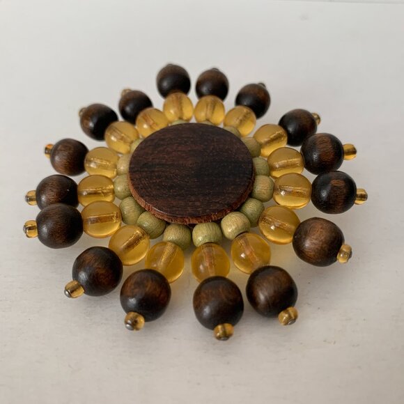 2/$10* Boho BROOCH Beaded Earth Tone Wooden Amber Golden Beads Handmade Rustic - Picture 2 of 4